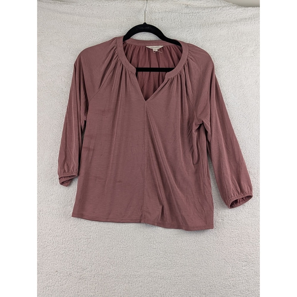 Lucky Brand Womens Dusty Rose Mauve Split V-Neck 3/4 Sleeve Blouse Top Small